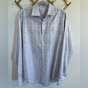 Bugatchi Uomo Shaped Fit Geometric Pattern Silver Grey Button Up Dress Shirt XL